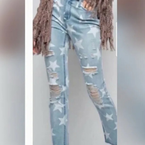 easel Denim - Easel Sky Blue Star Pattern Skinny Jeans